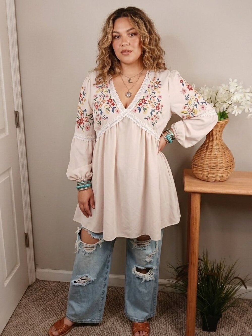 Women’s Boho Floral Top XL Long Sleeve Flowy Tunic Dress